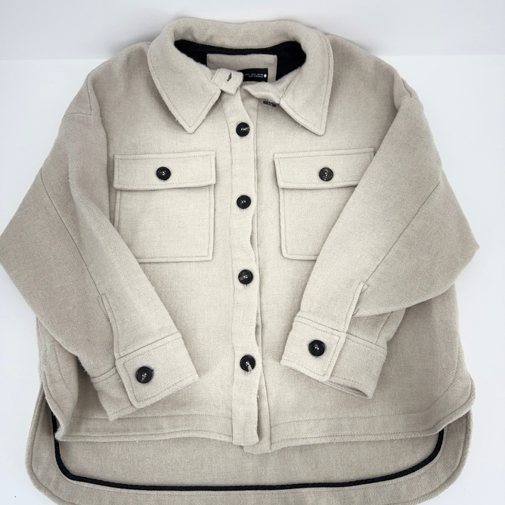 ZARA Oversized Shacket Beige Button Front Long Sleeve Utility Jacket Women L